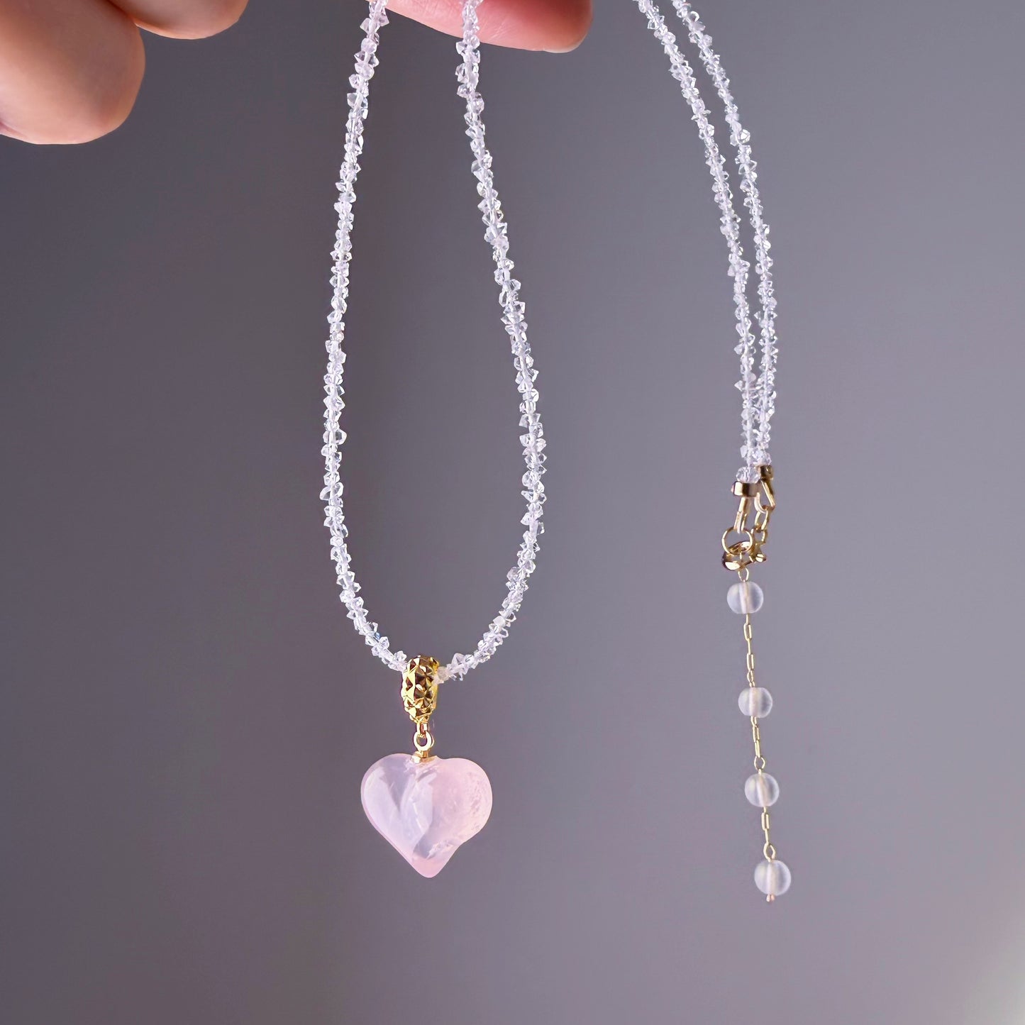 Rose Quartz Crystal Heart Pendant and Herkimer Diamond Beaded Necklace