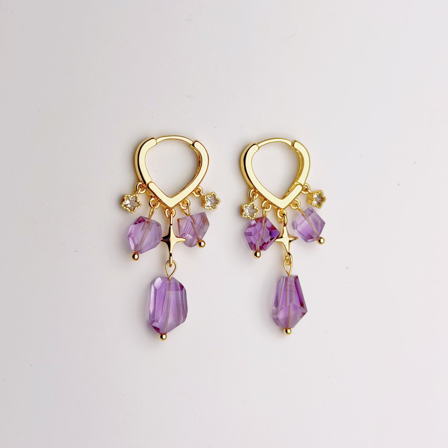 Handmade Natural Amethyst Faceted Gemstone Heart Hoop Earrings