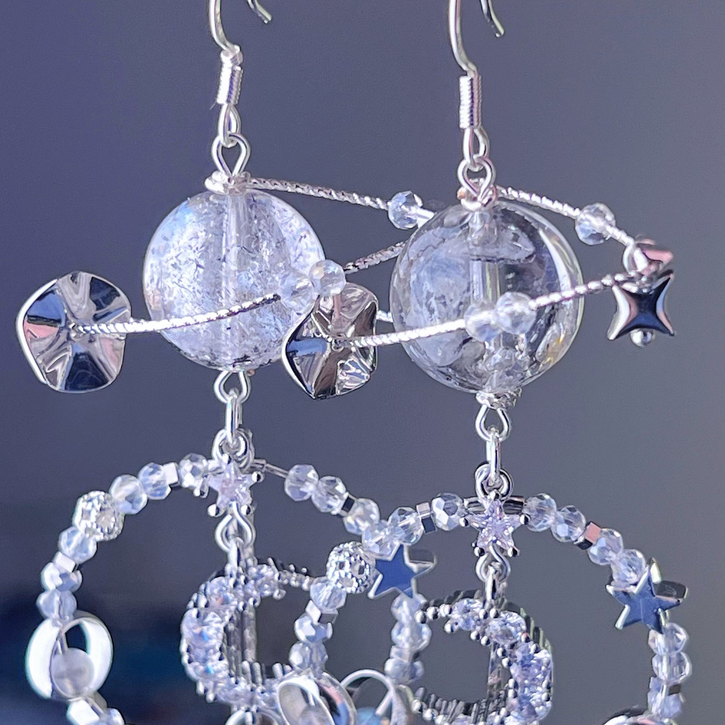 Silver Moon Herkimer Diamond Planet Drop Earrings-Ninaouity
