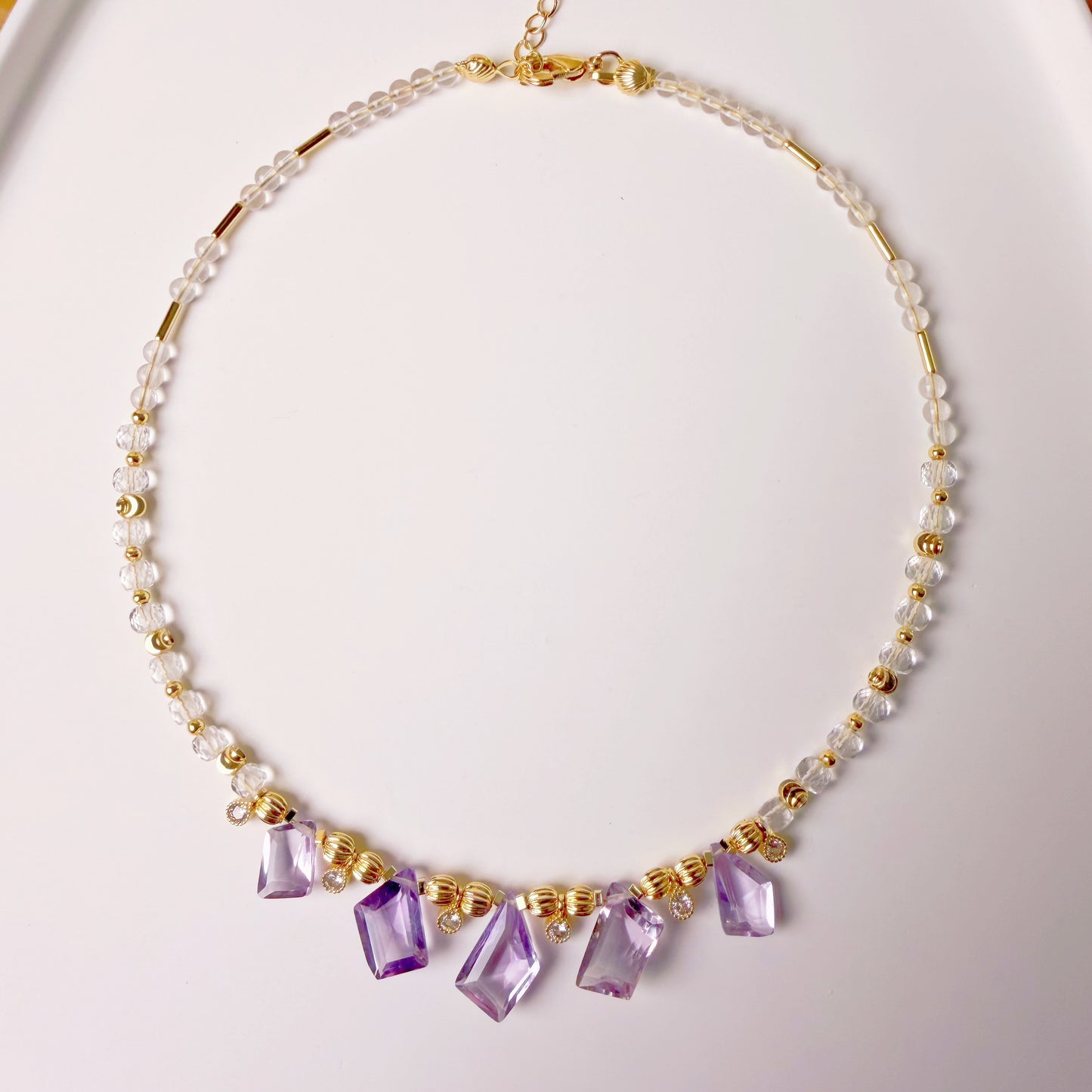 Handmade Faceted Amethyst Clear Quartz Gemstone Beads Choker Necklace
