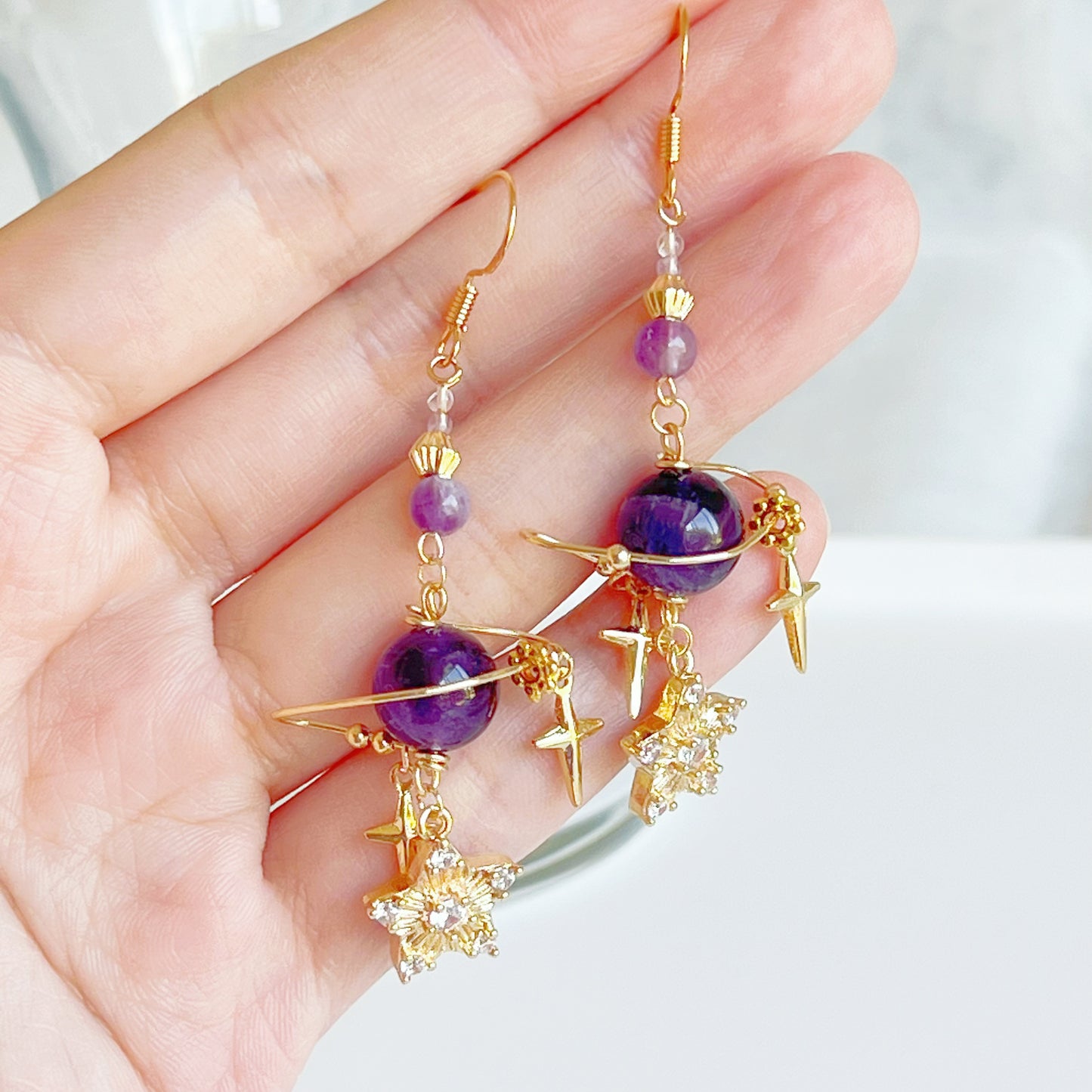 Amethyst Planet and Stars Earrings-Ninaouity