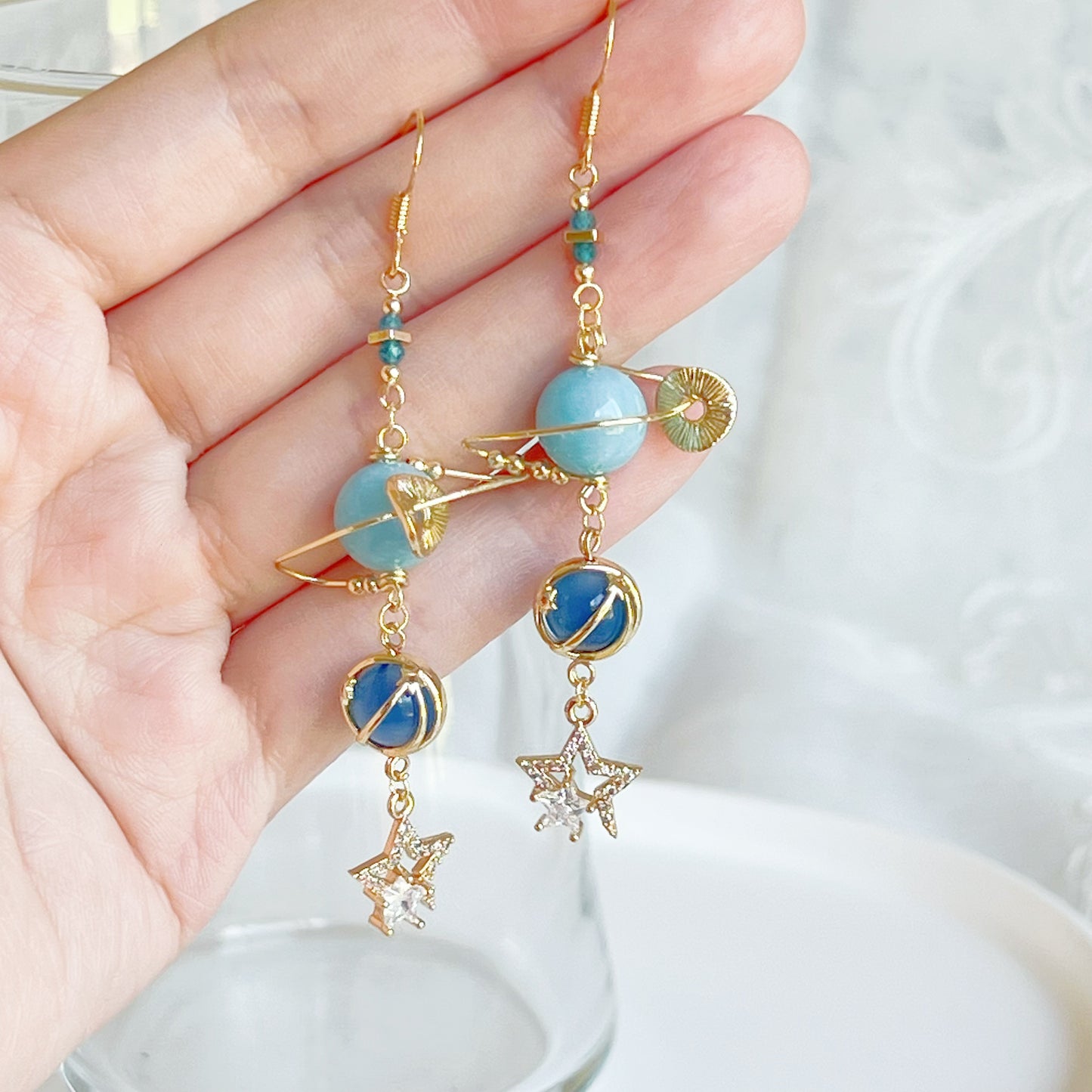 March Birthstone Aquamarine Planet and Satellite Earrings-Ninaouity