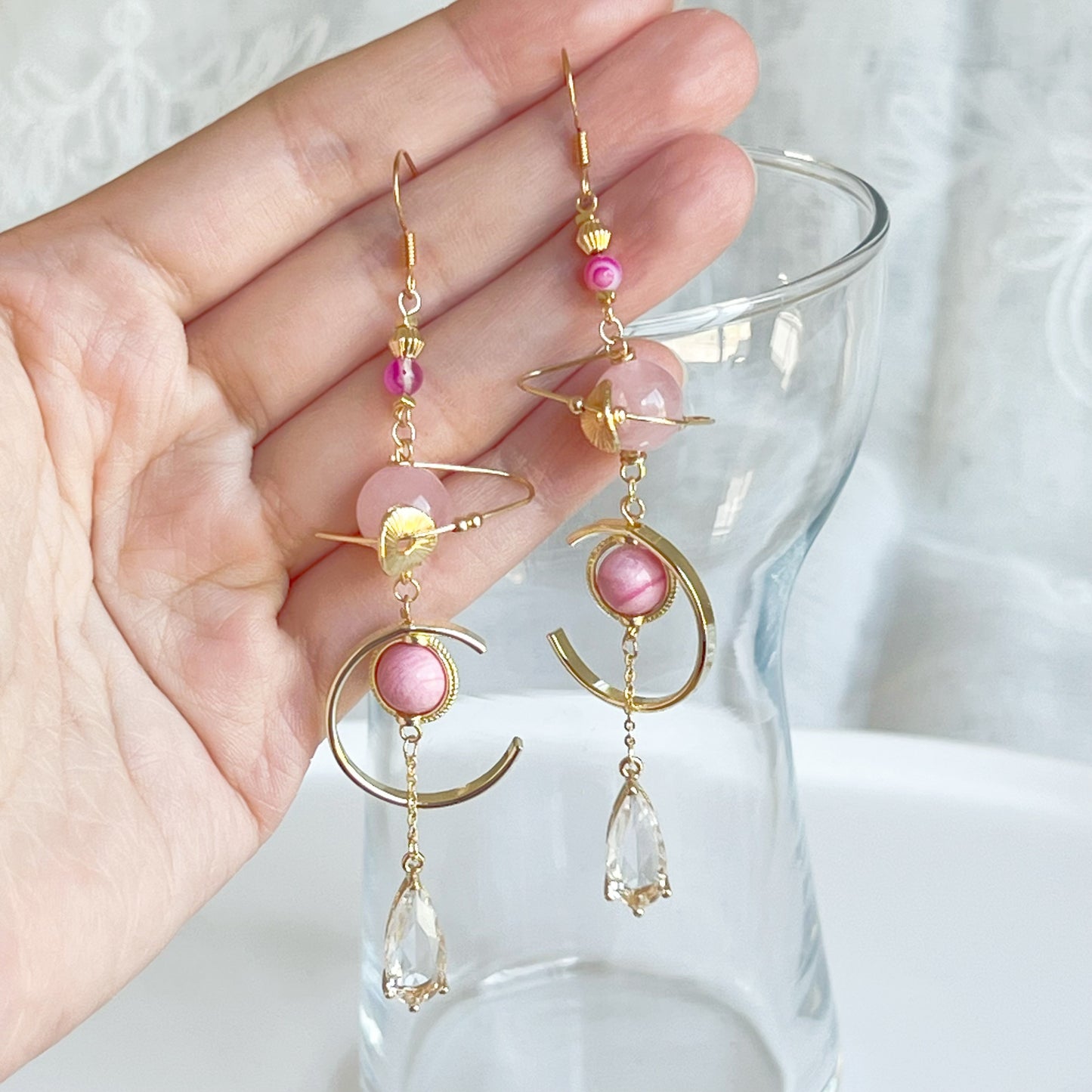 Rose Quartz Planet Crystal Drop Earrings-Ninaouity