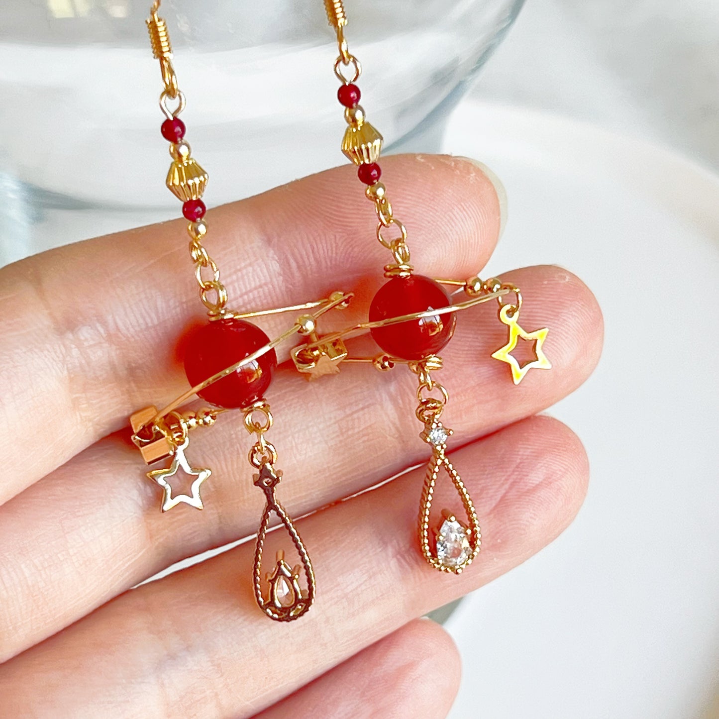 July Birthstone Ruby Planet Drop Earrings-Ninaouity