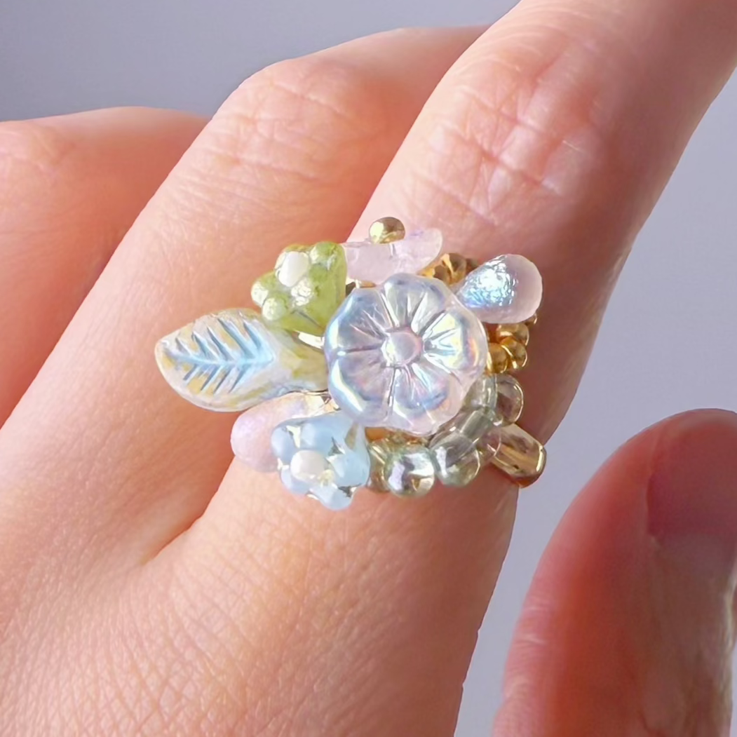 Handmade White Plum Flowers Glass Beaded Ring