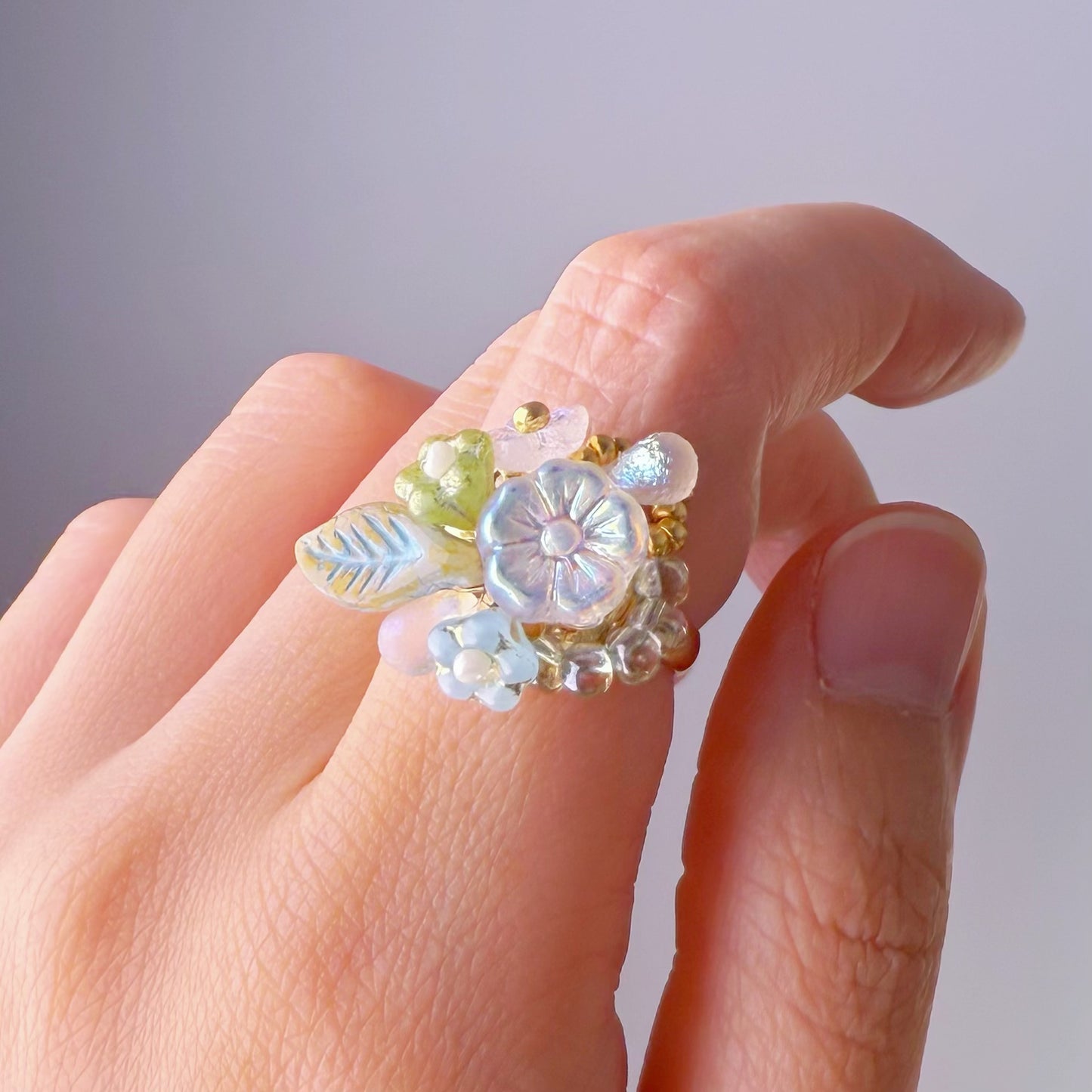Handmade White Plum Flowers Glass Beaded Ring