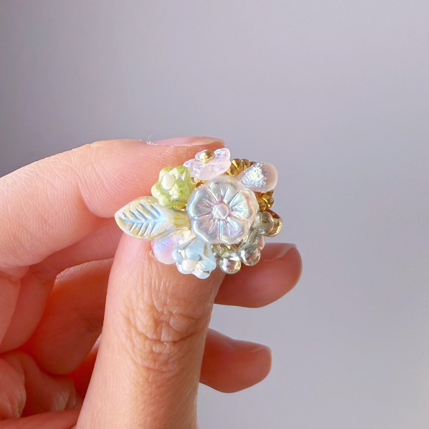 Handmade White Plum Flowers Glass Beaded Ring