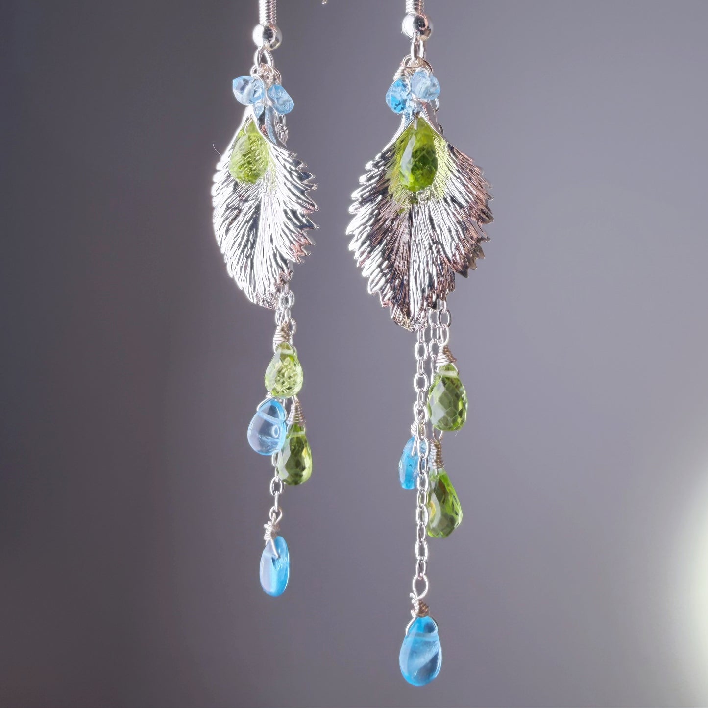 Handmade Silver Leaf with Peridot and Apatite Gemstone Teardrop Earrings