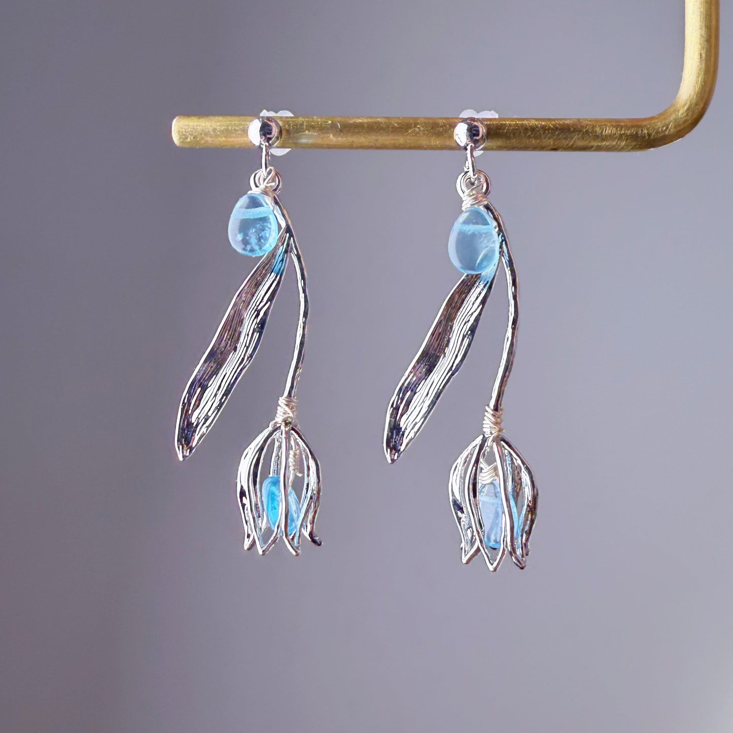 Handmade Silver Tulips Flower Paraiba Apatite Blue Teardrop Gemstone Earrings