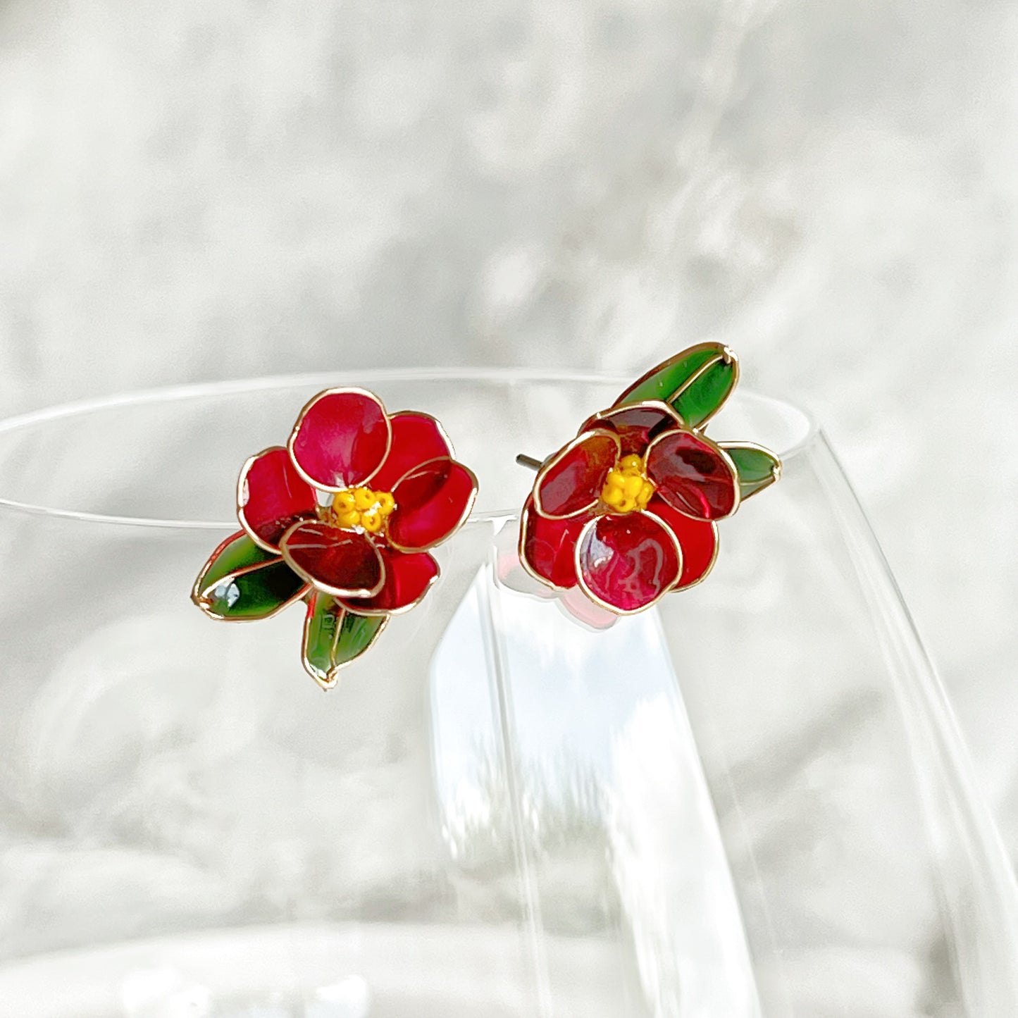 Handmade Red Wild Camellia Flower and Leaves Earrings-Ninaouity