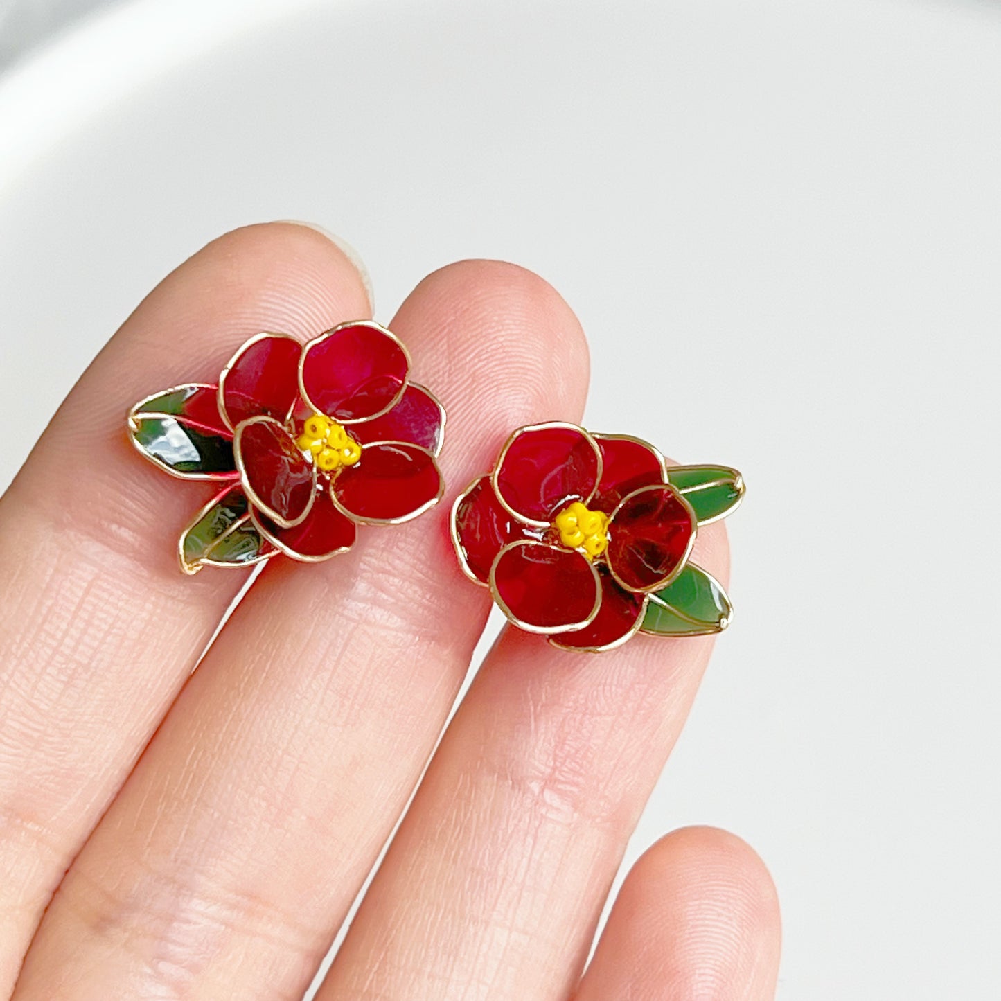 Handmade Red Wild Camellia Flower and Leaves Earrings-Ninaouity