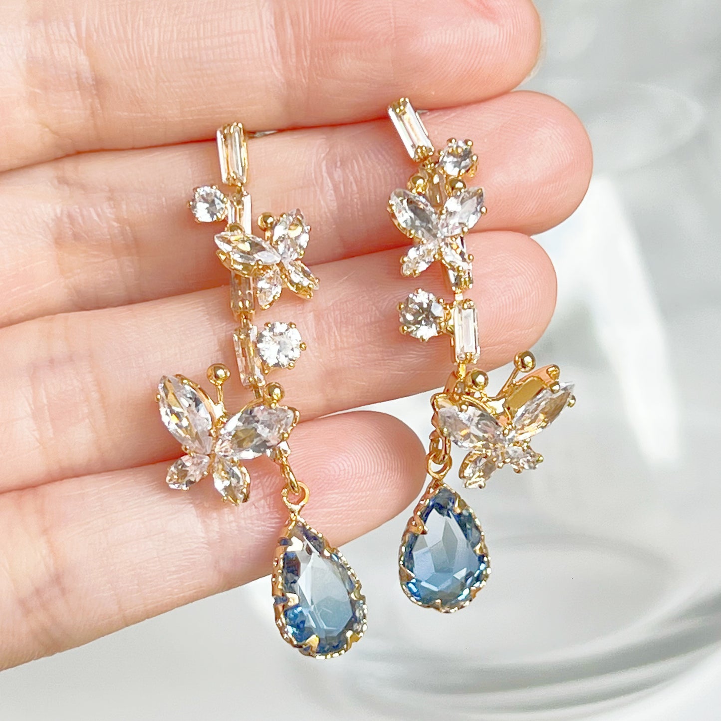 Butterflies and Blue Tear Drop Earrings-Ninaouity
