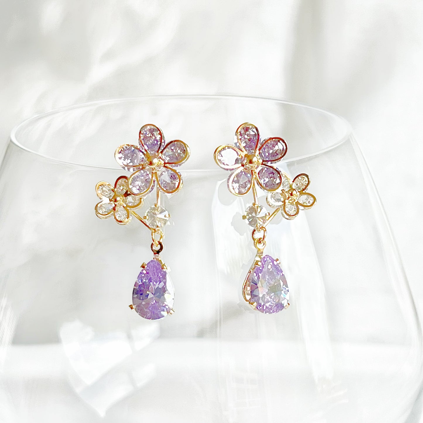 Purple Crystal Flower and Tear Drop Earrings-Ninaouity