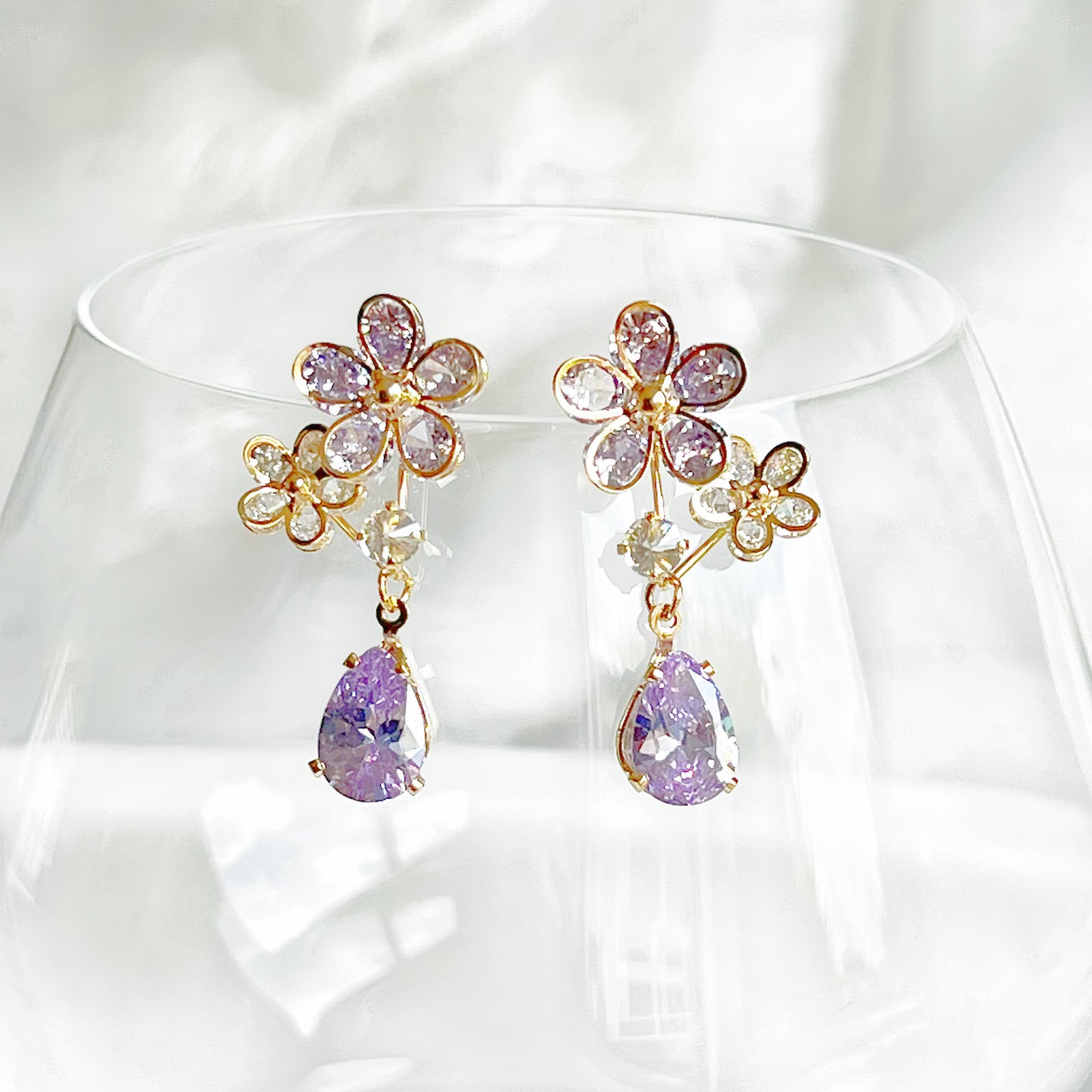 Purple Crystal Flower and Tear Drop Earrings-Ninaouity