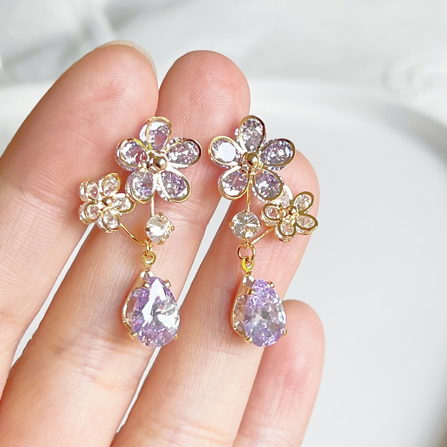 Purple Crystal Flower and Tear Drop Earrings-Ninaouity