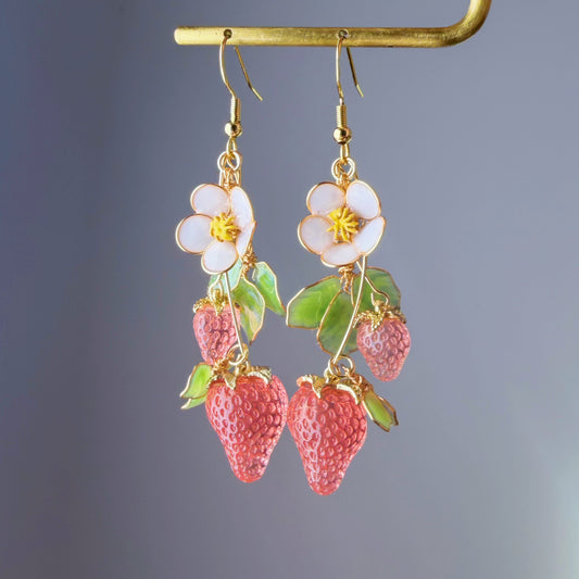 Handmade Pink Strawberry Plant Flowers and Leaves Dangle Earrings