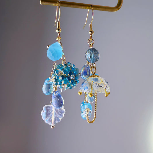 Handmade Sky Blue Hydrangeas Flowers In Rain Umbrella Dangle Earrings