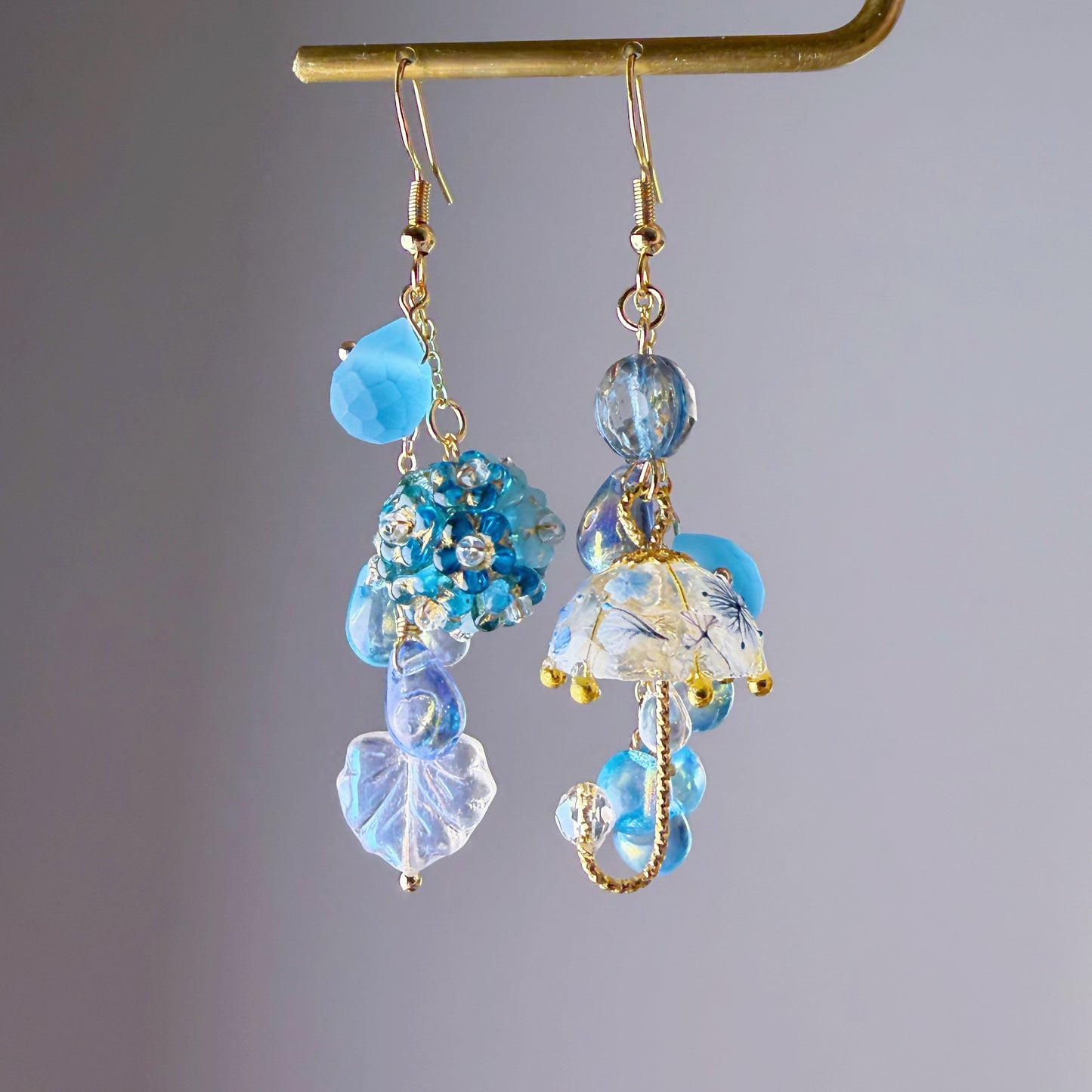 Handmade Sky Blue Hydrangeas Flowers In Rain Umbrella Dangle Earrings