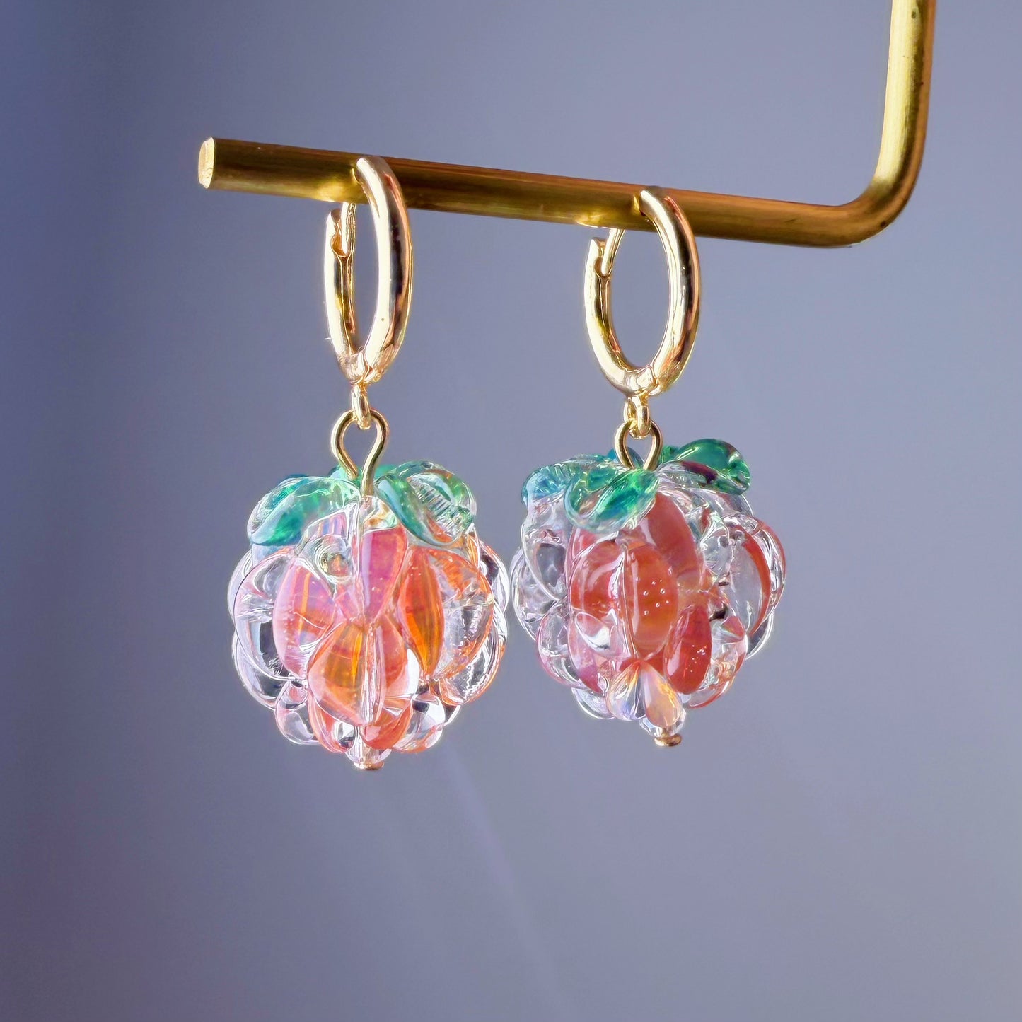 Handmade Lampwork Glass Iced Golden Peach Colour Raspberries Hoop Earrings