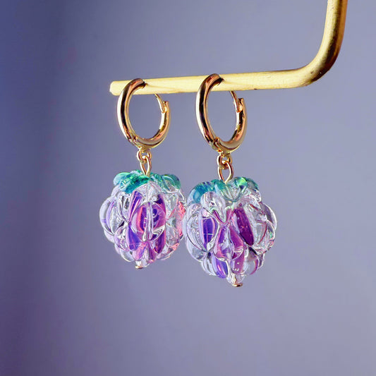 Handmade Lampwork Glass Iced Purple Raspberries Hoop Earrings