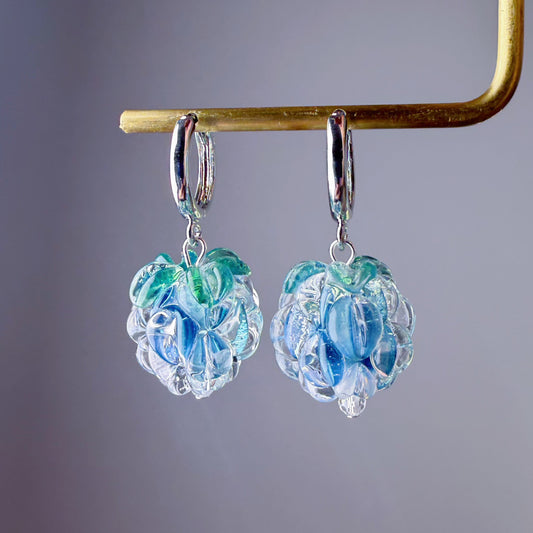 Handmade Lampwork Glass Iced Blue Raspberries Hoop Earrings