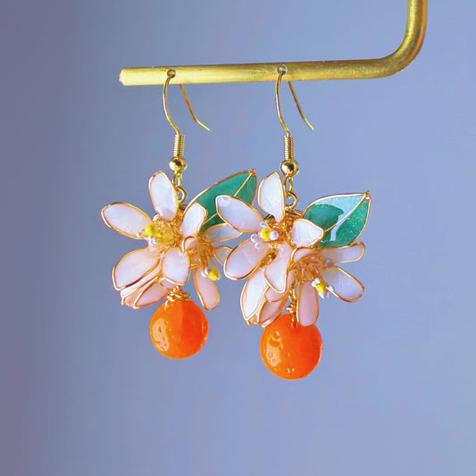 Handmade Citrus Orange Blossom Flowers and Fruit Drop Earrings