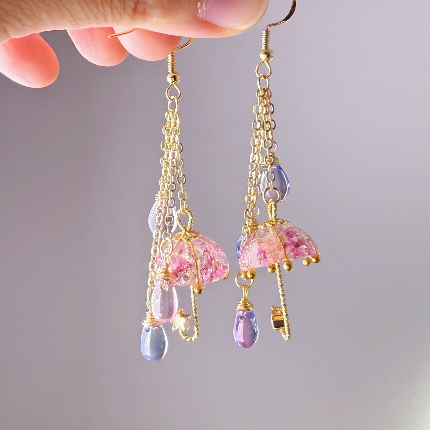 Handmade Purple Pressed Flowers Umbrella with Raindrops Earrings