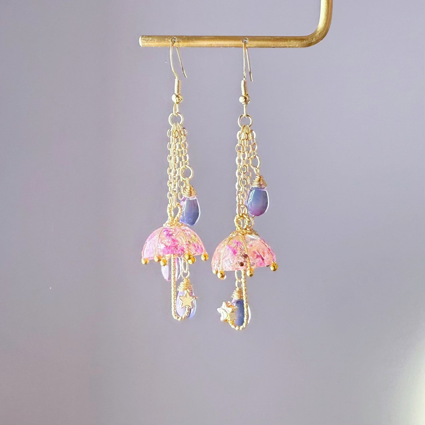 Handmade Purple Pressed Flowers Umbrella with Raindrops Earrings