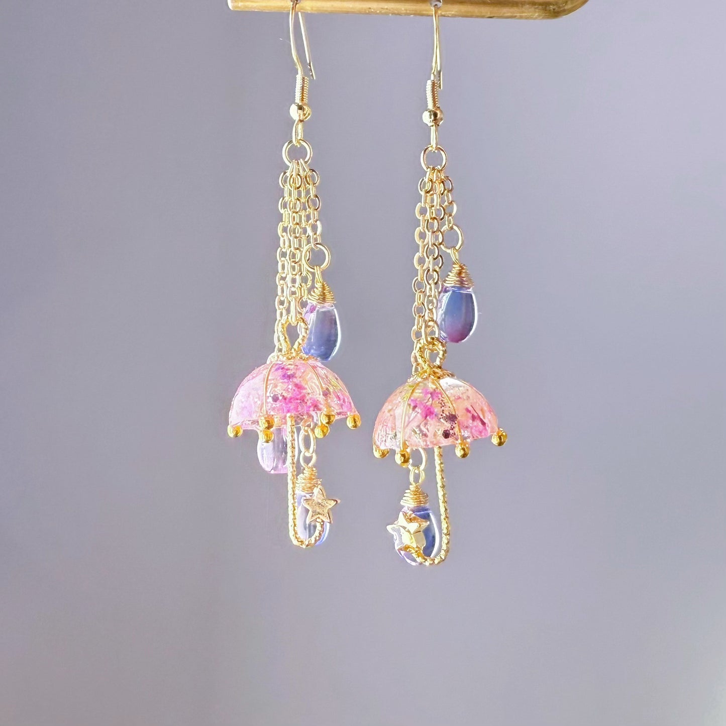 Handmade Purple Pressed Flowers Umbrella with Raindrops Earrings