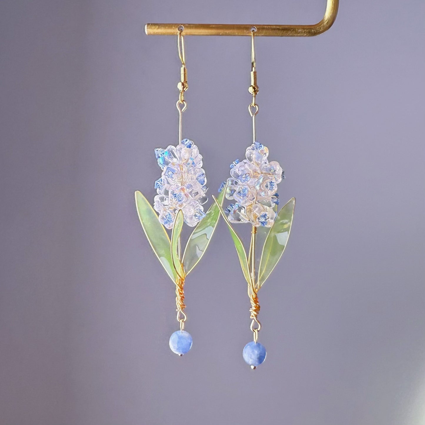 Handmade Crystal Blue Hyacinth Flower with Leaves Earrings