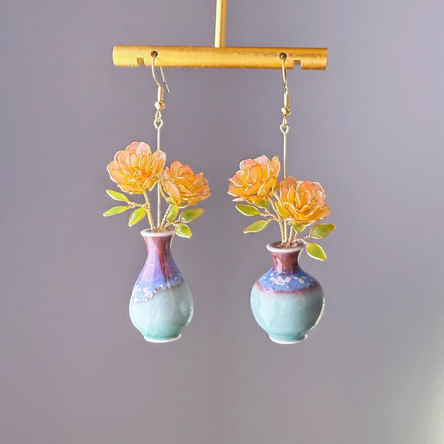 Handmade Orange Rose Flowers in China Vase Earrings