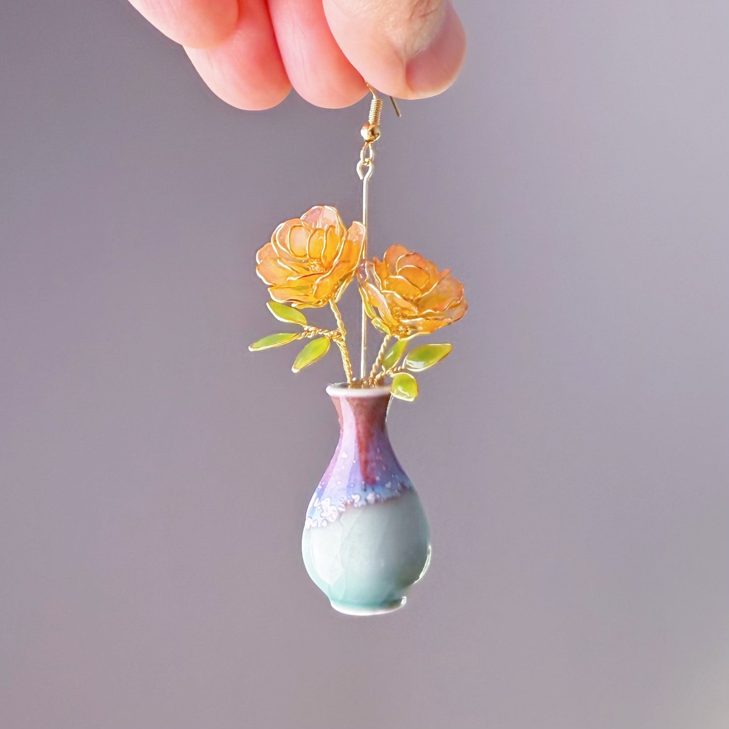 Handmade Orange Rose Flowers in China Vase Earrings