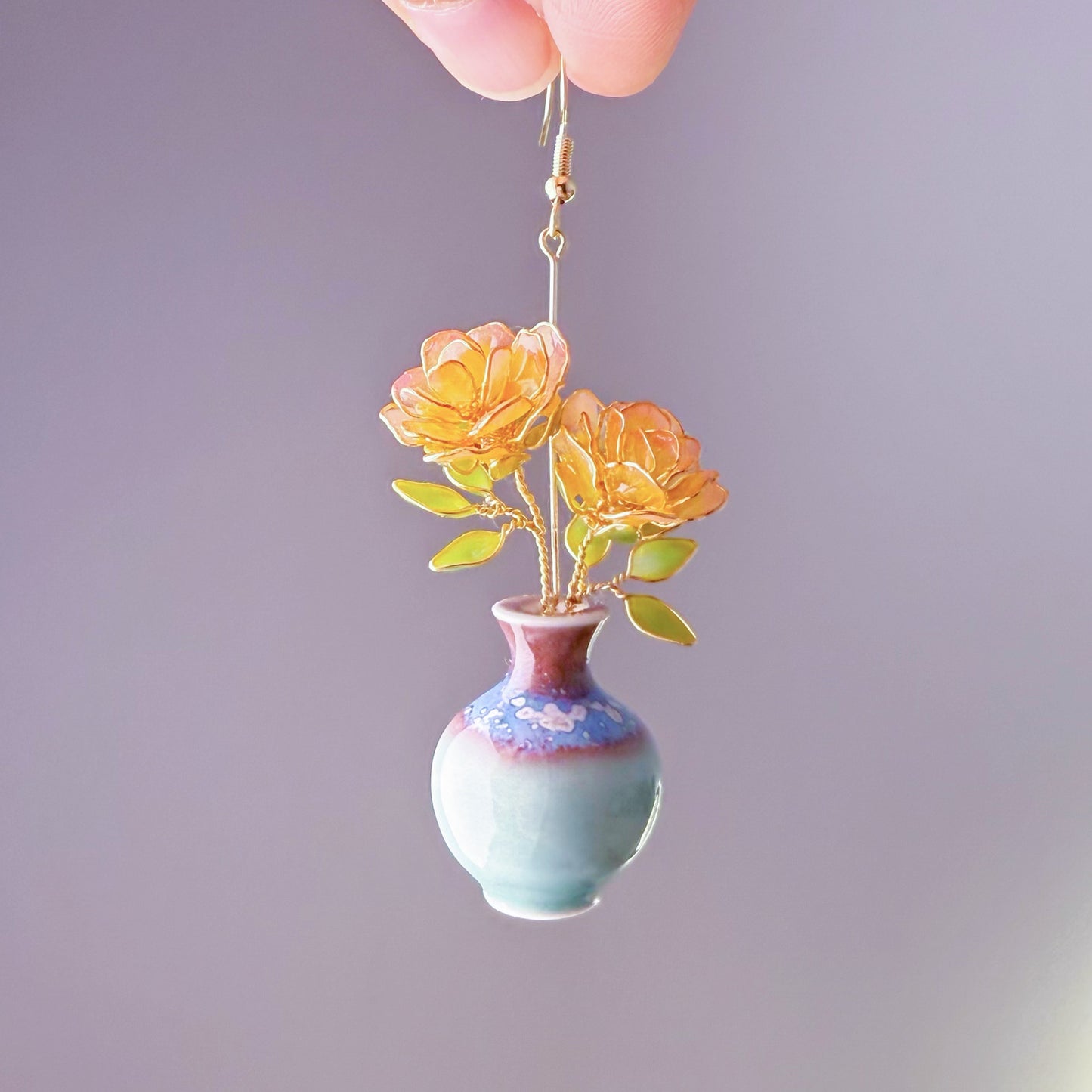 Handmade Orange Rose Flowers in China Vase Earrings