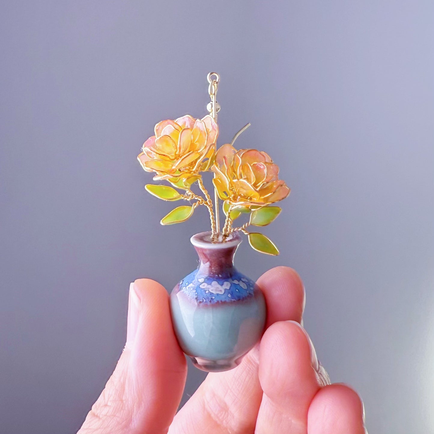 Handmade Orange Rose Flowers in China Vase Earrings