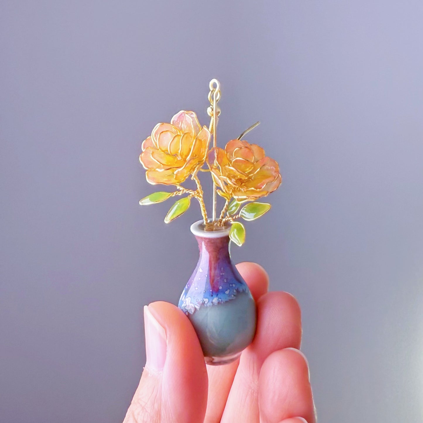Handmade Orange Rose Flowers in China Vase Earrings