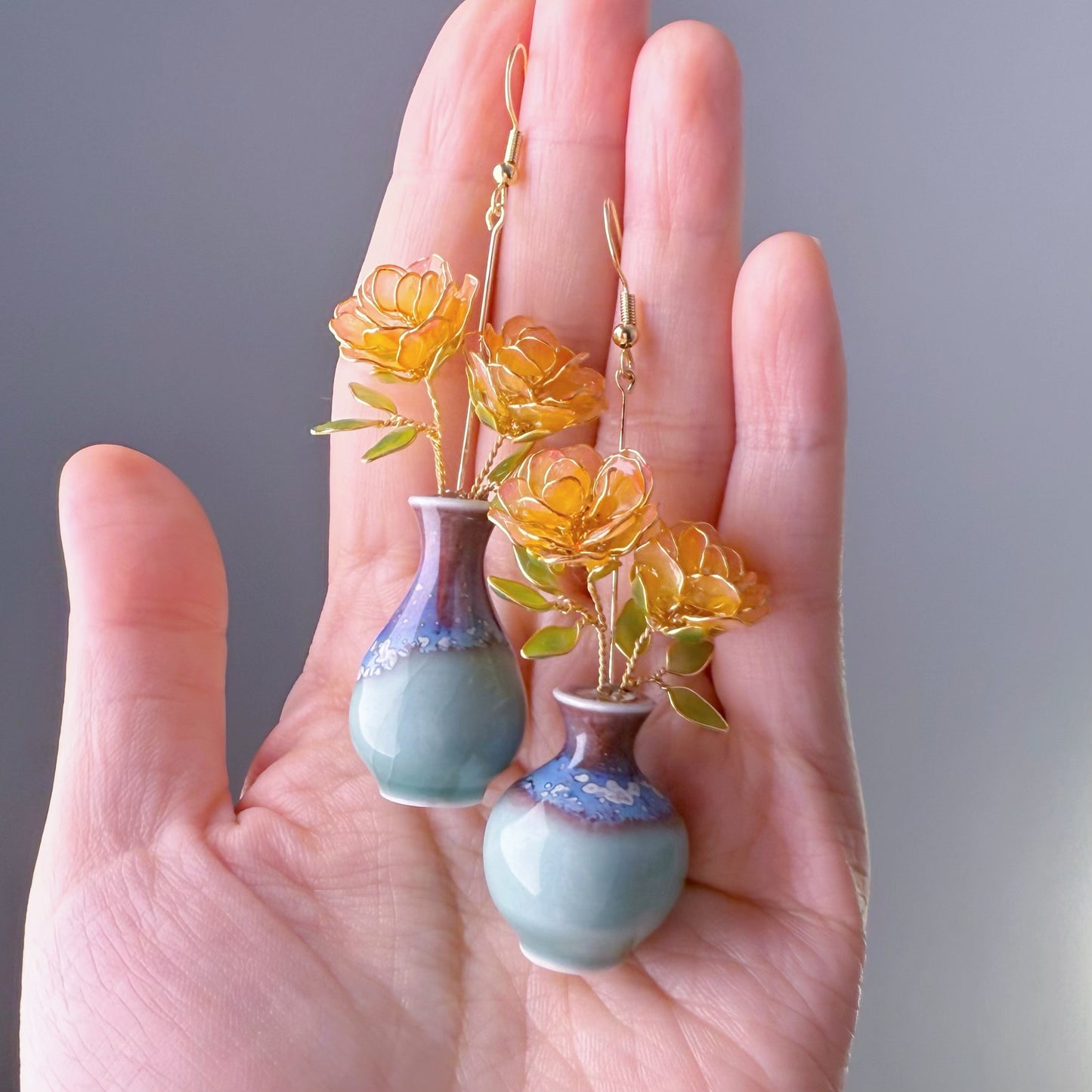 Handmade Orange Rose Flowers in China Vase Earrings