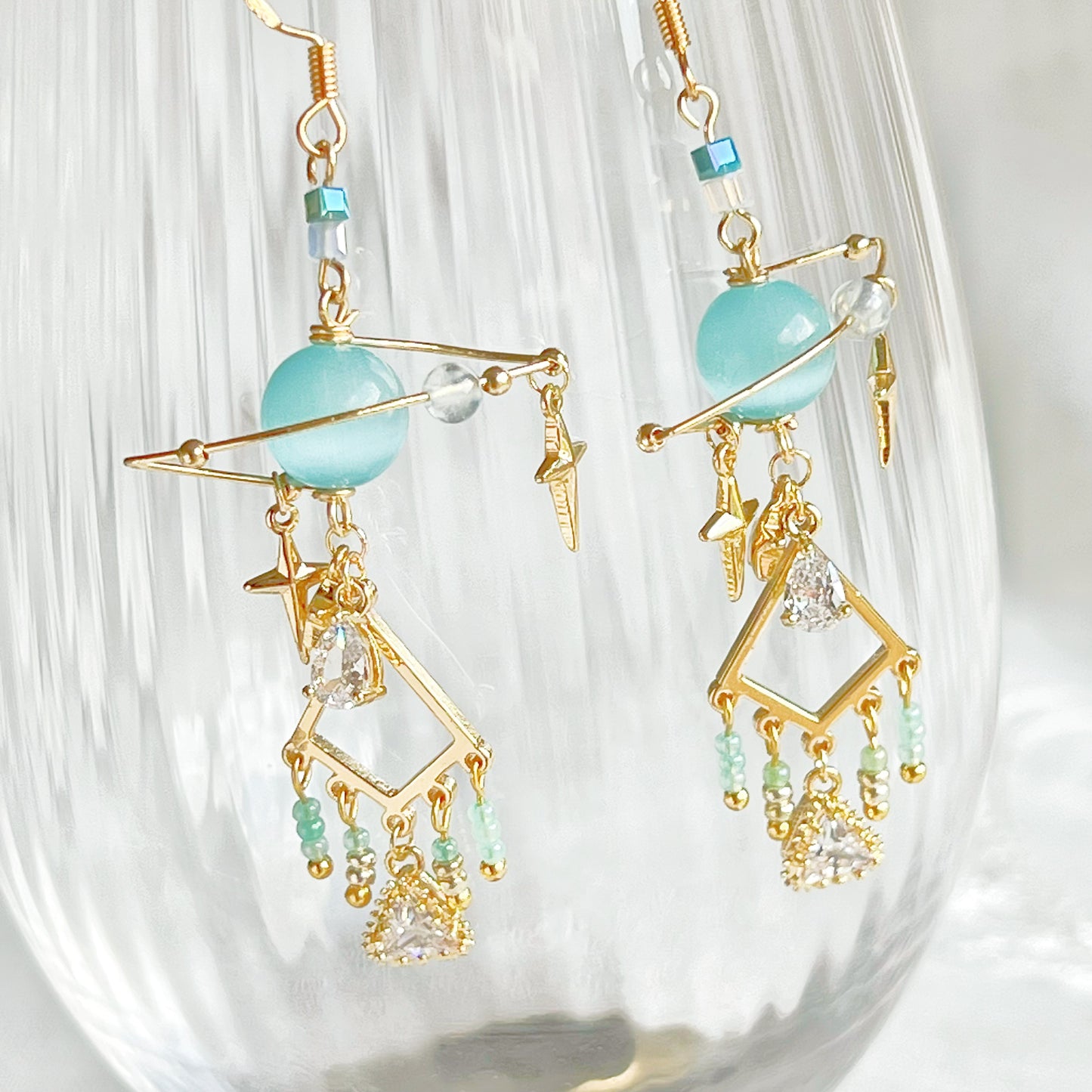 Blue Cat Eye Stone Planet Drop Earrings-Ninaouity