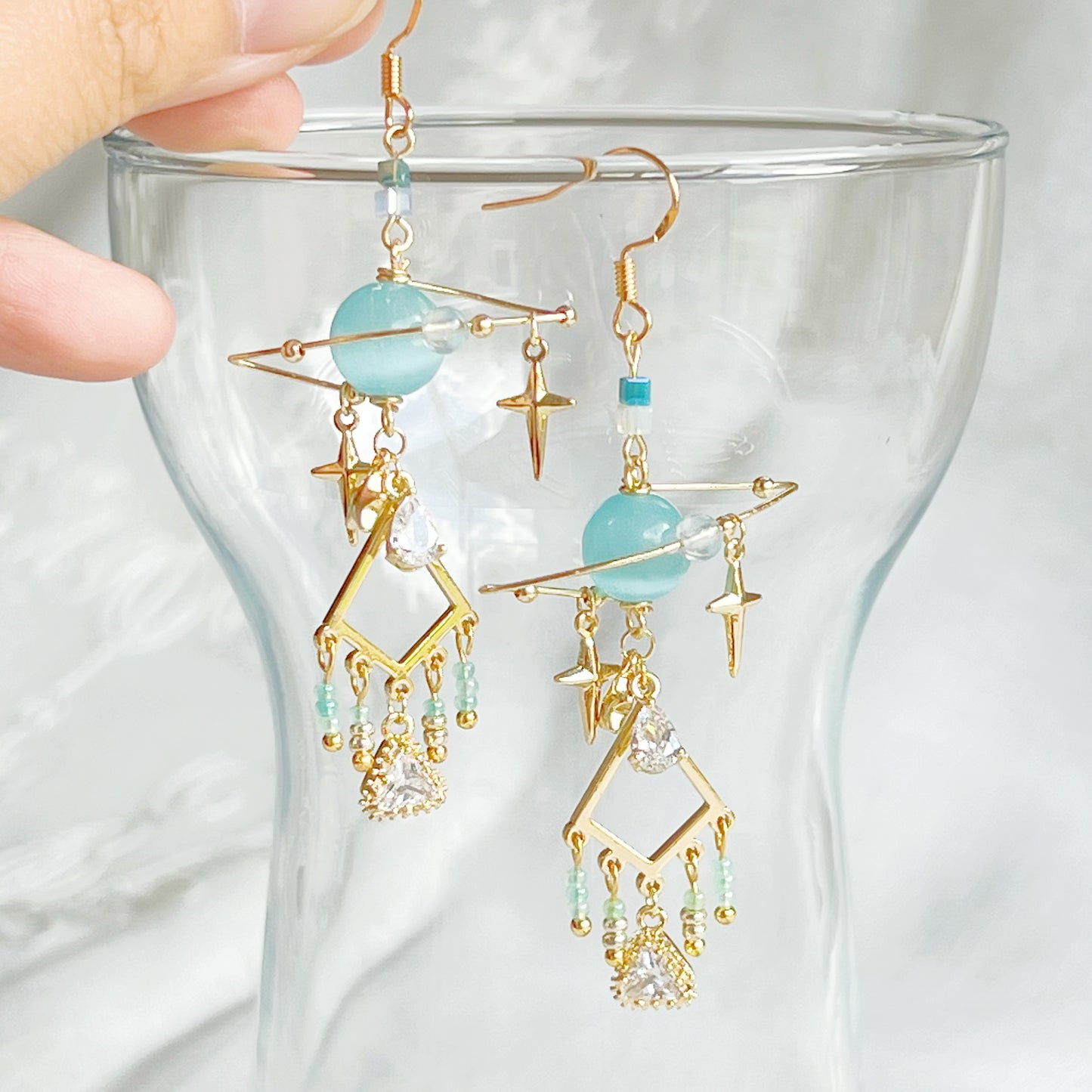Blue Cat Eye Stone Planet Drop Earrings-Ninaouity