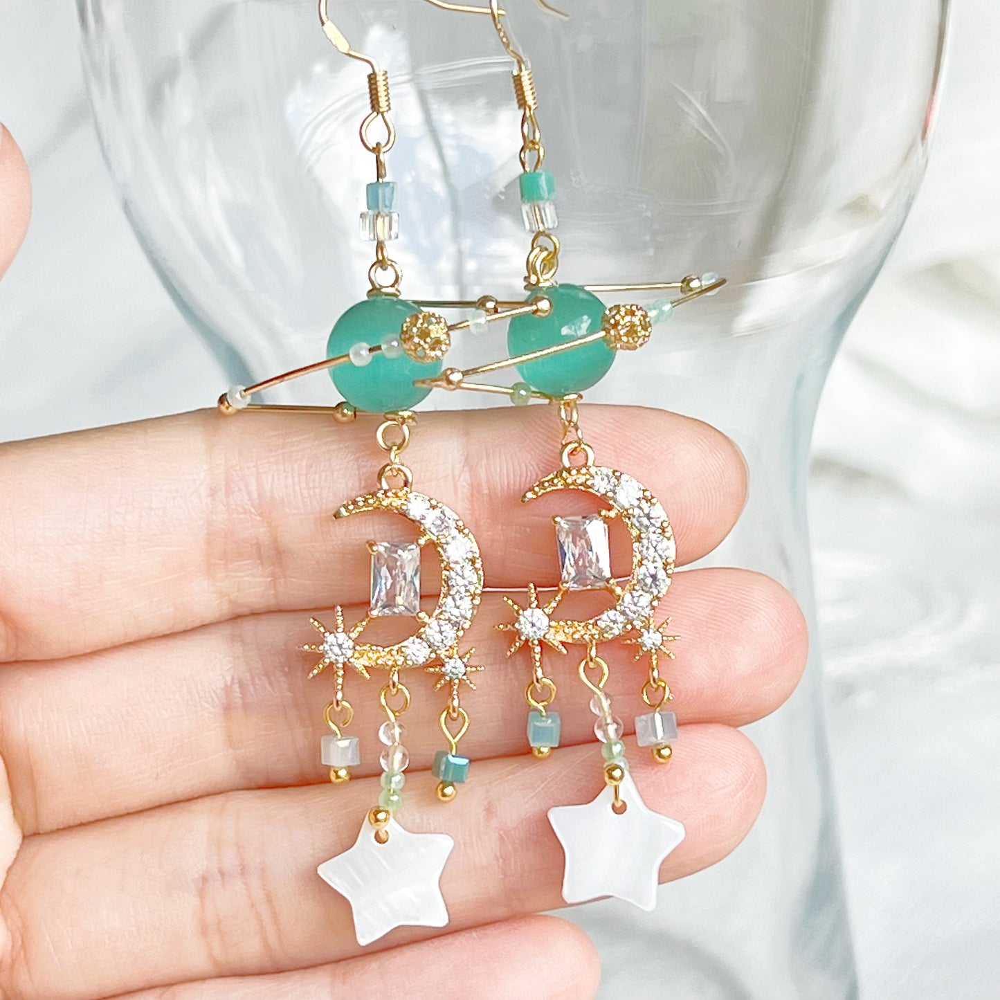 Green Cat Eye Stone Planet Moon Drop Earrings-Ninaouity