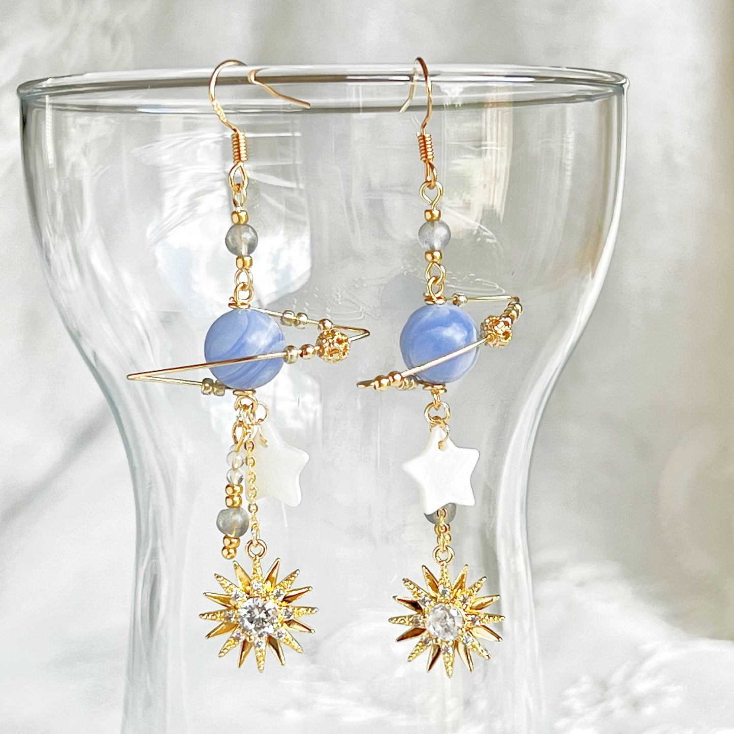 Blue Sodalite Stone Planet Sun and Star Earrings-Ninaouity
