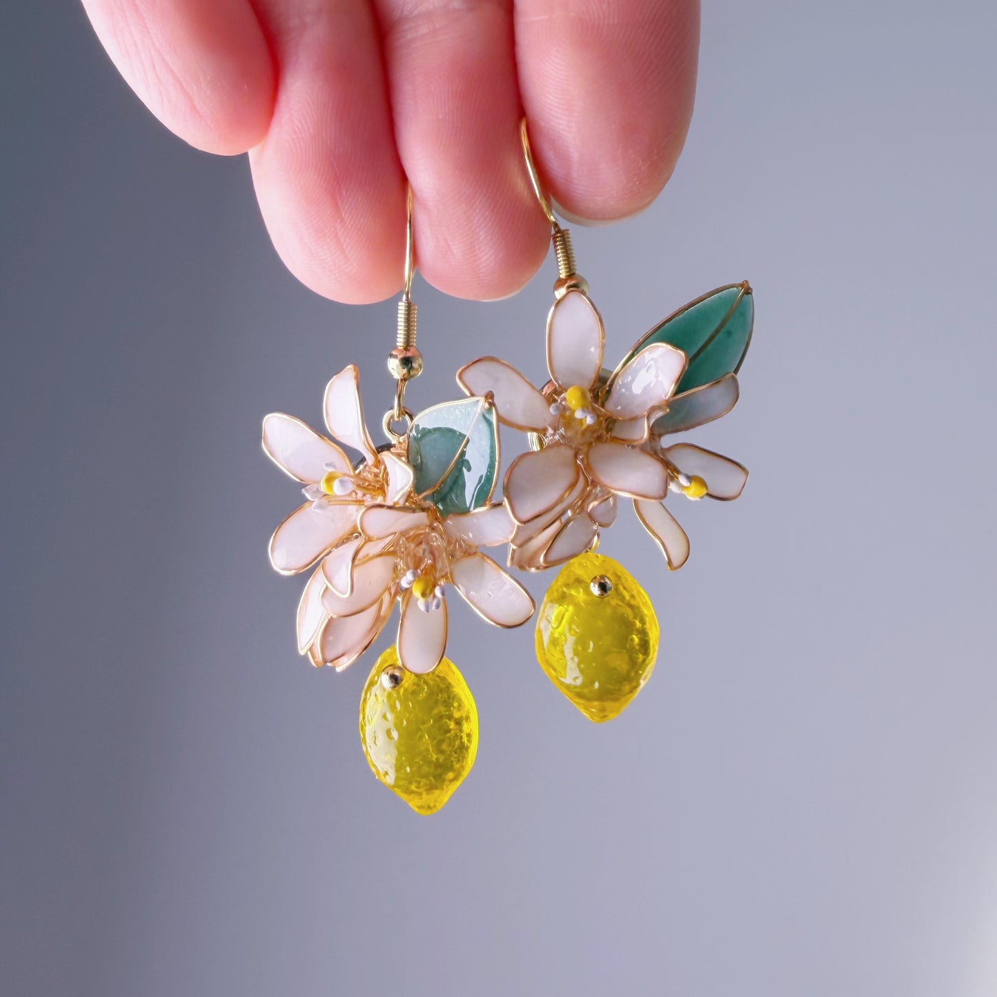 Handmade Citrus Lemon Blossom Flowers and Leaves Drop Earrings