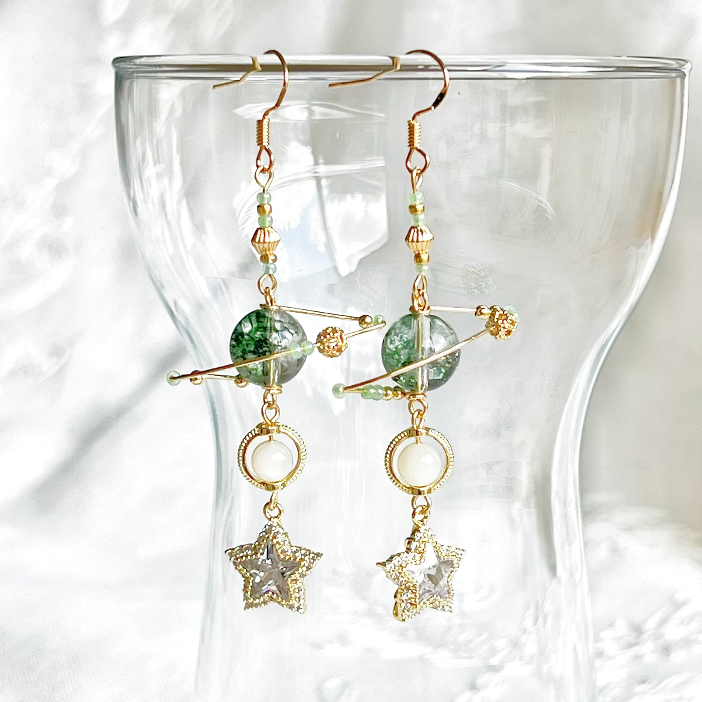 Green Phantom Quartz Planet and Pole Star Earrings-Ninaouity