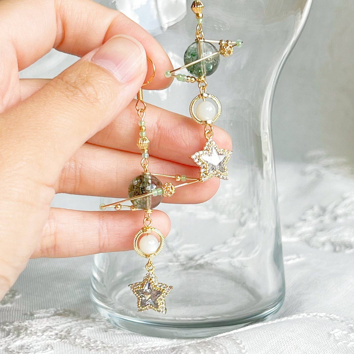 Green Phantom Quartz Planet and Pole Star Earrings-Ninaouity