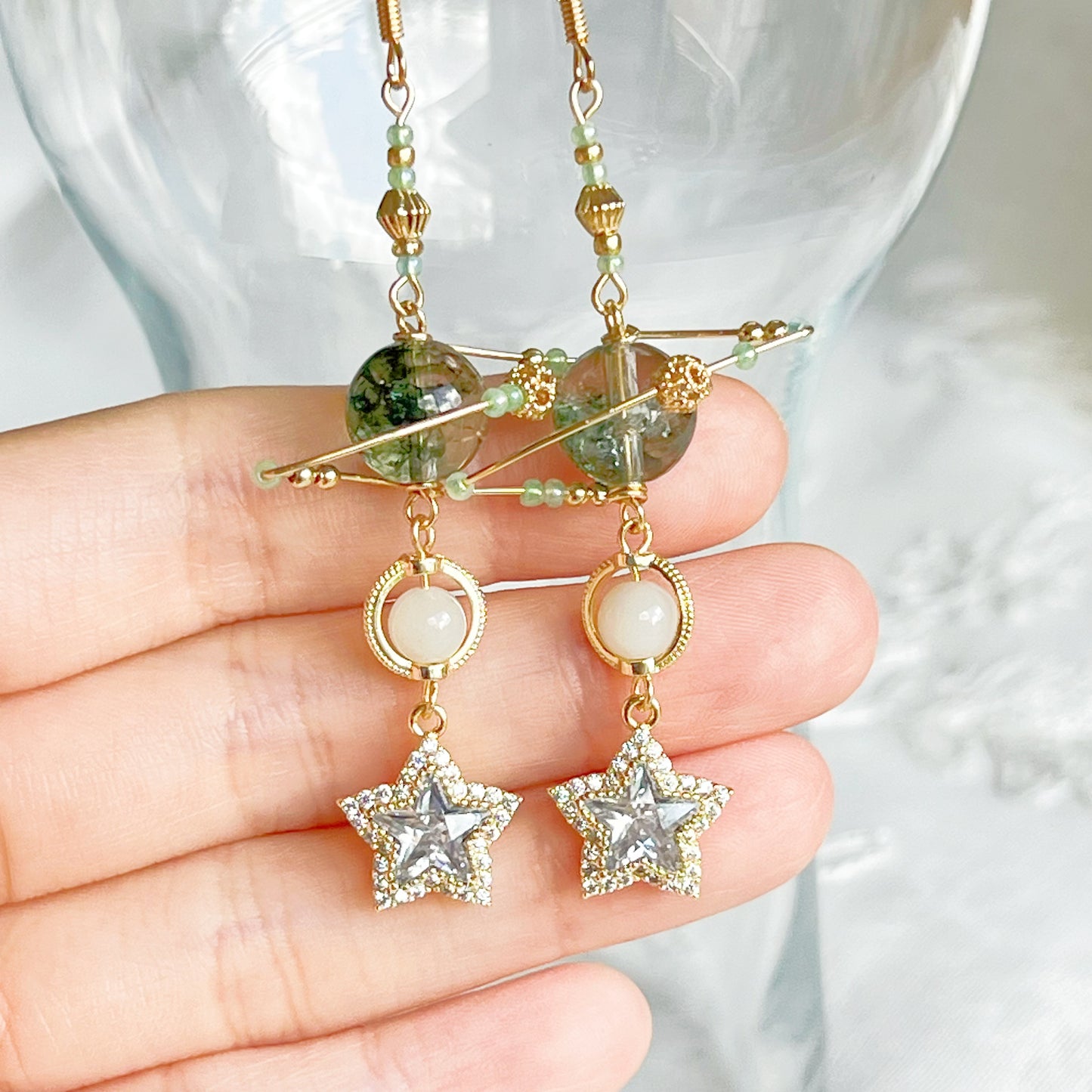 Green Phantom Quartz Planet and Pole Star Earrings-Ninaouity