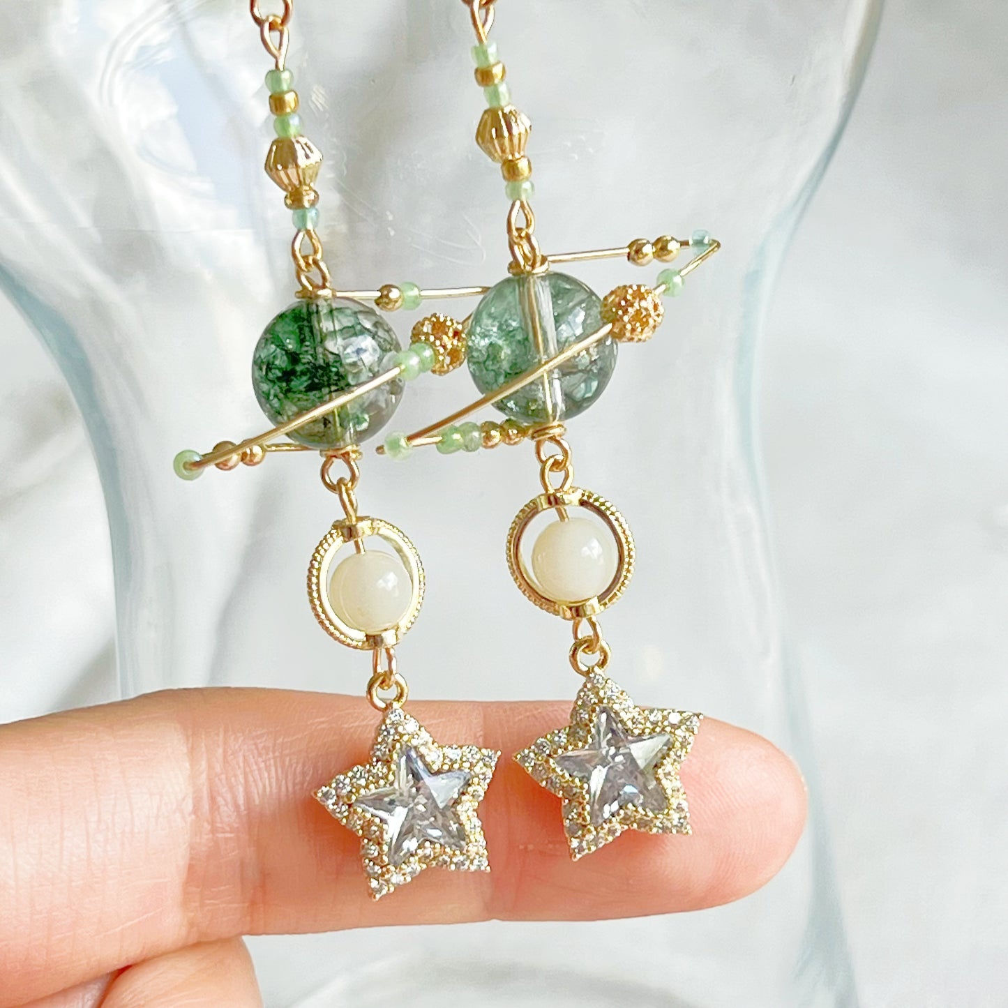Green Phantom Quartz Planet and Pole Star Earrings-Ninaouity