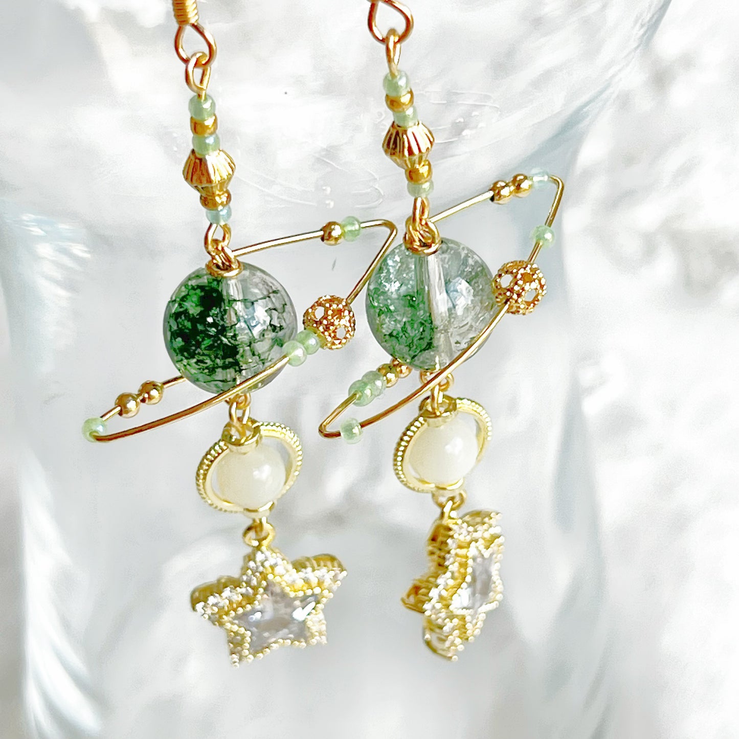 Green Phantom Quartz Planet and Pole Star Earrings-Ninaouity