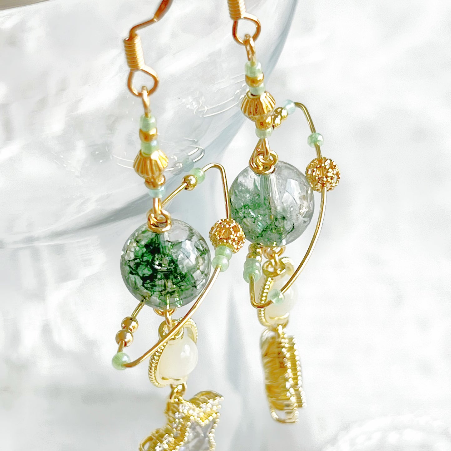 Green Phantom Quartz Planet and Pole Star Earrings-Ninaouity