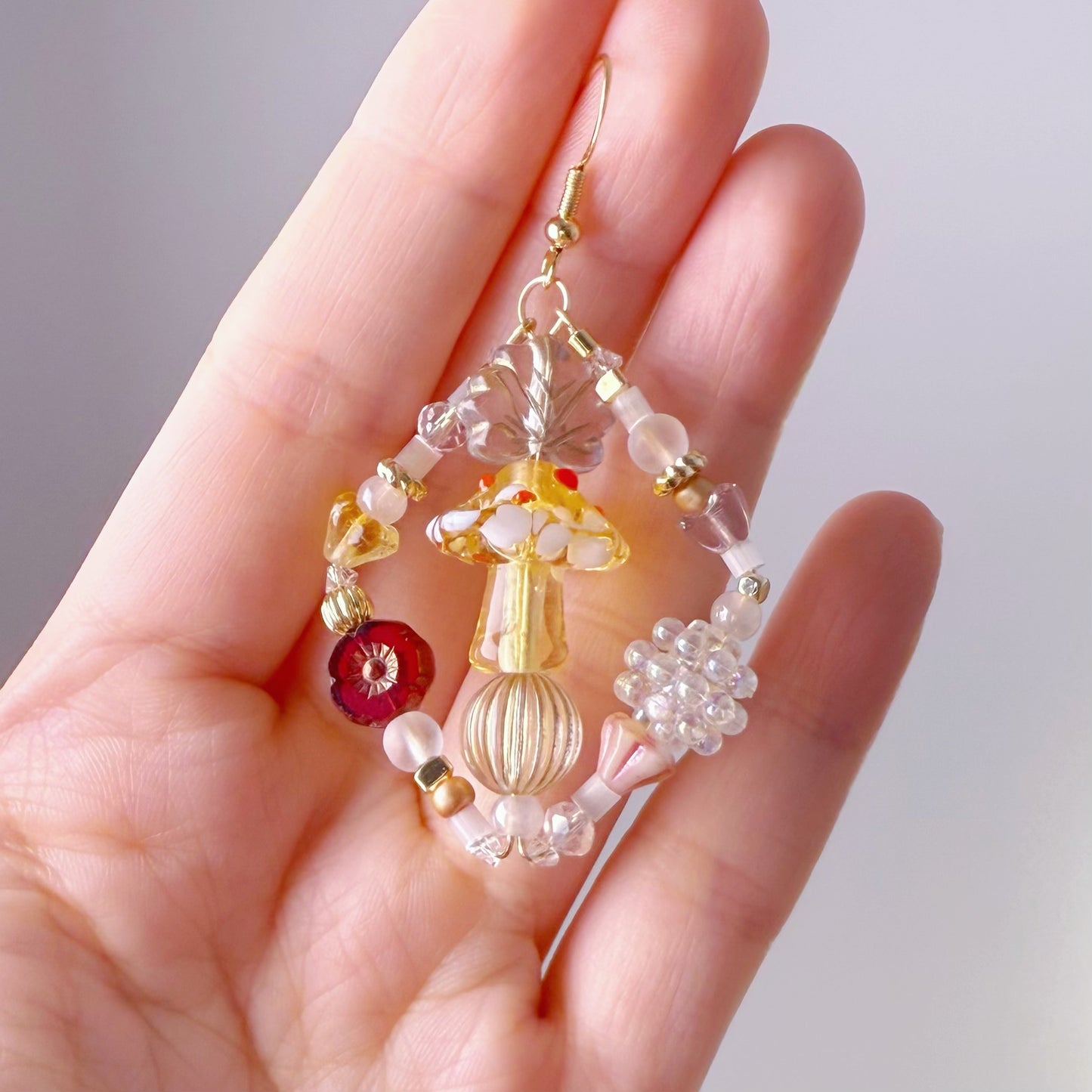 Handmade Magic Red Mushrooms Glass Beads Hoop Earrings