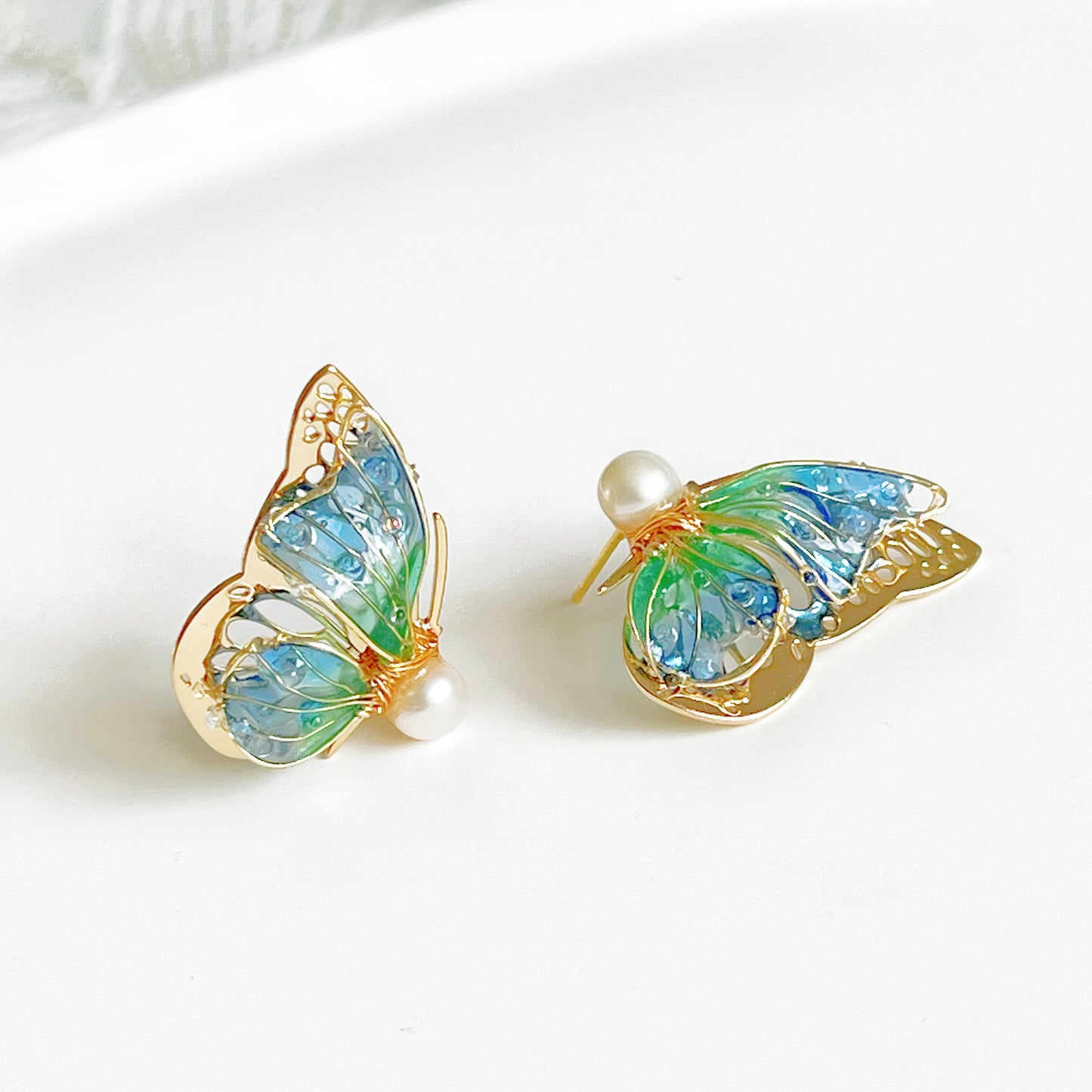 Handmade Blue Green Butterflies Earrings-Ninaouity