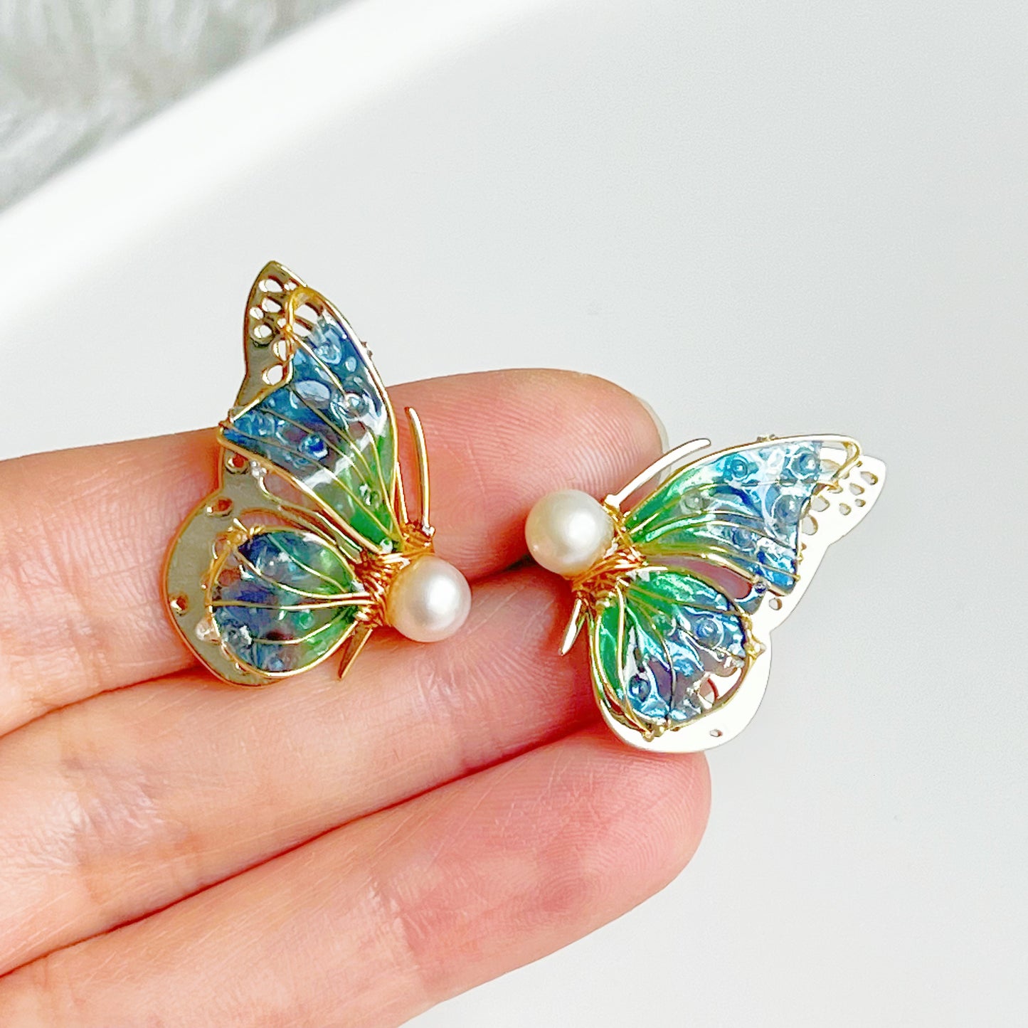 Handmade Blue Green Butterflies Earrings-Ninaouity